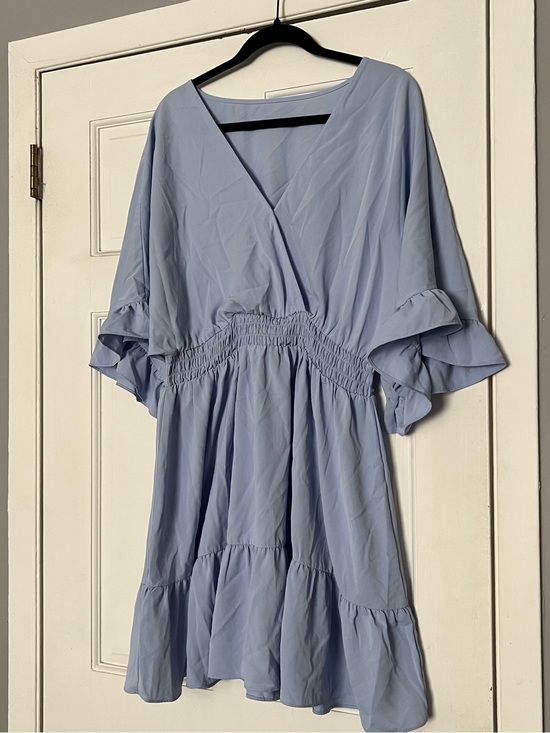 Dresses & Skirts - Light Blue V-Neck Ruffle Sleeve Dress